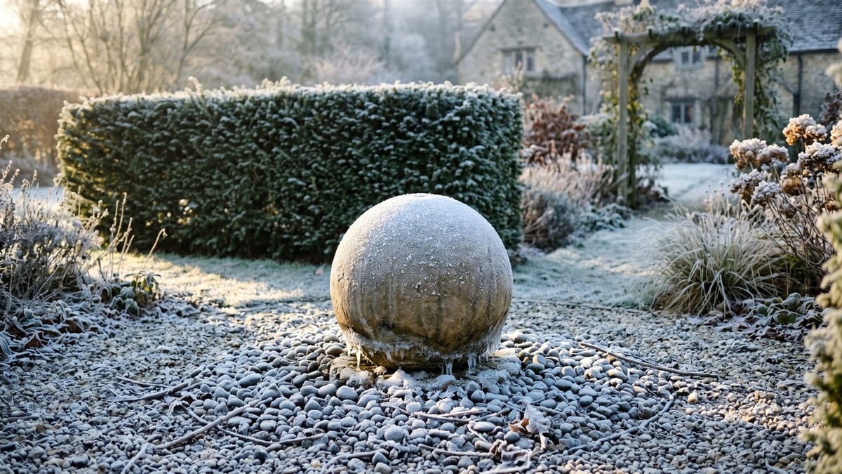 Stone sphere water feature drained and dusted with frost on a cold UK winter morning