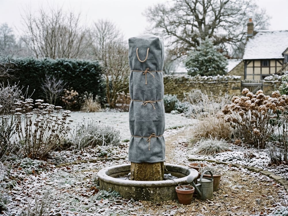 Tall stone water feature drained and wrapped in a breathable cover tied with twine in a frosty UK winter garden