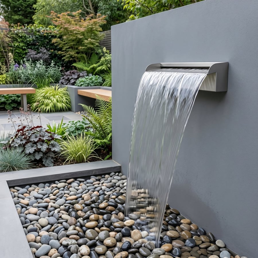 60cm stainless steel garden waterfall blade producing a clear sheet of water into a planted pool