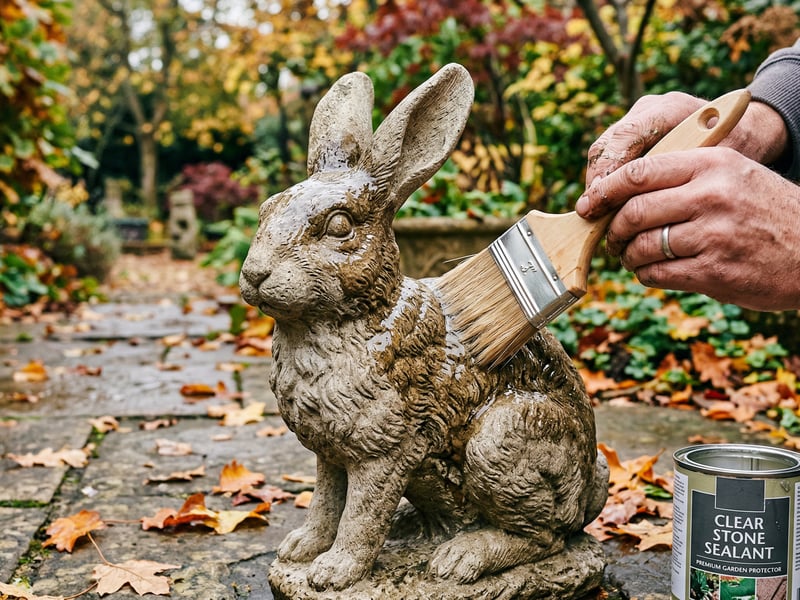Applying breathable stone sealant to a cast stone garden ornament with a wide brush in an autumn garden setting
