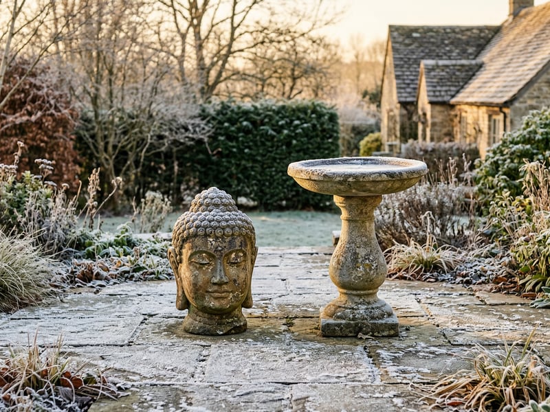 Stone garden ornaments in a frosty UK winter garden with morning sunlight catching frost crystals on cast stone Buddha head and bird bath