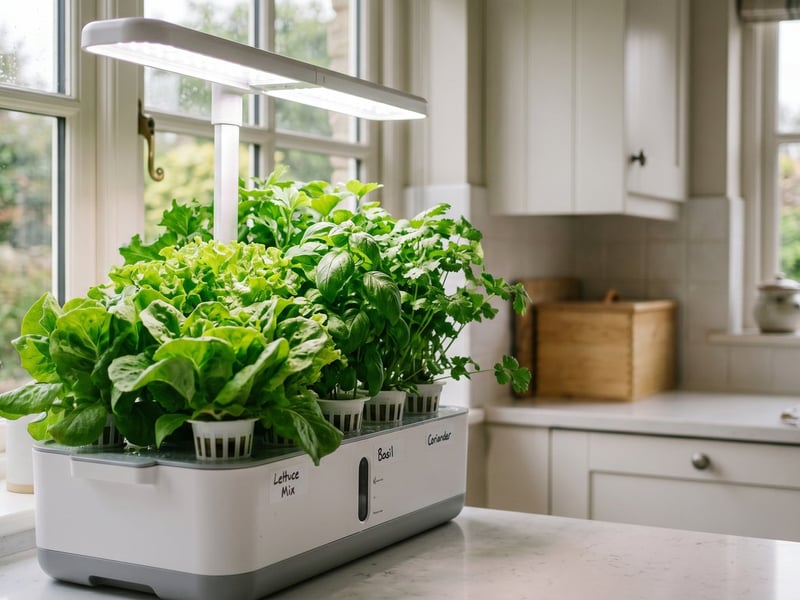 Leafy salad and herbs growing under LED light in a home hydroponic cabinet