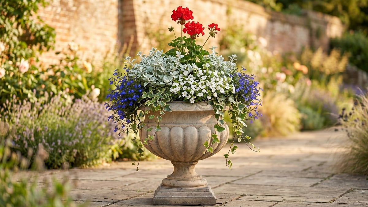 Fluted stone garden urn planted with a summer display of red pelargonium, silver helichrysum, white bacopa and trailing blue lobelia on a terrace