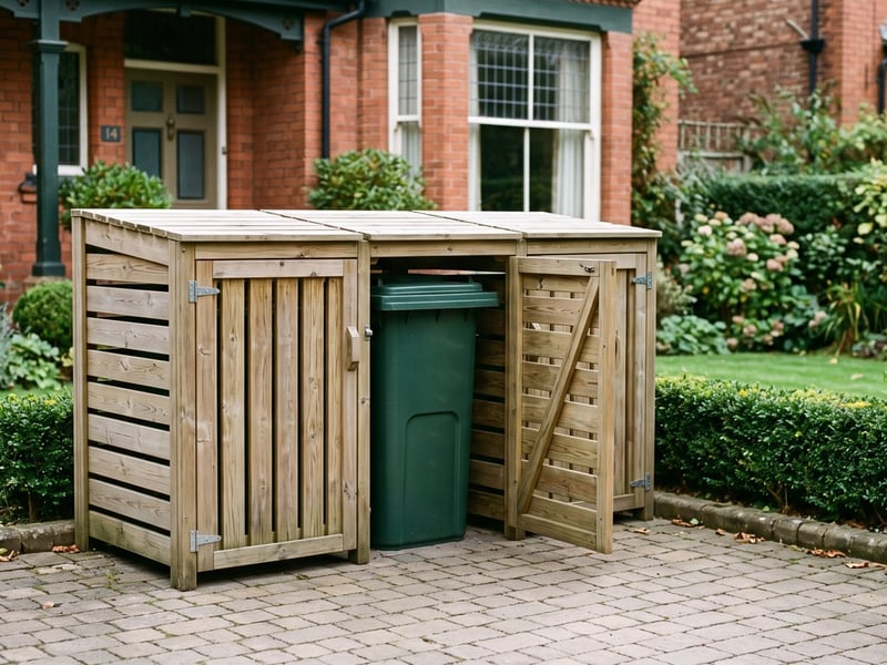 Wooden triple wheelie bin store with one door open in a UK front garden