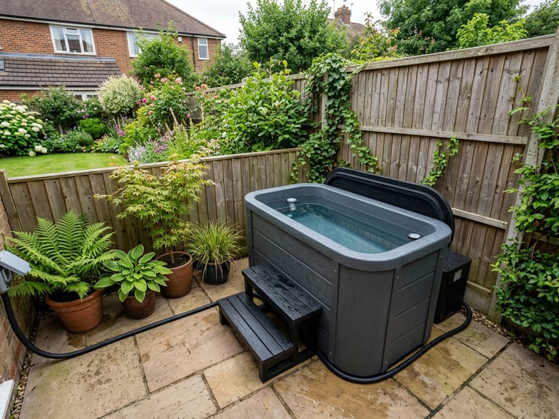 A cold plunge tub positioned in a sheltered corner of a UK garden patio
