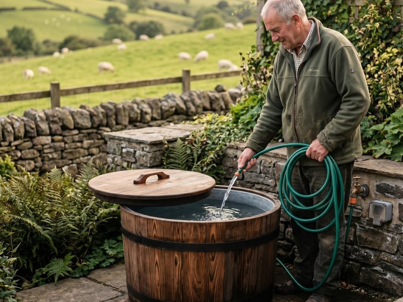 The Barrel Plunge ice bath being filled from a garden tap in a sheltered patio corner