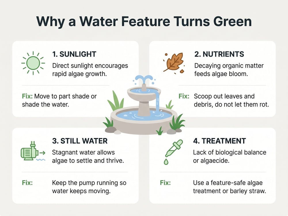 Infographic showing why a water feature turns green: sunlight, nutrients, still water and lack of treatment, with the fix for each