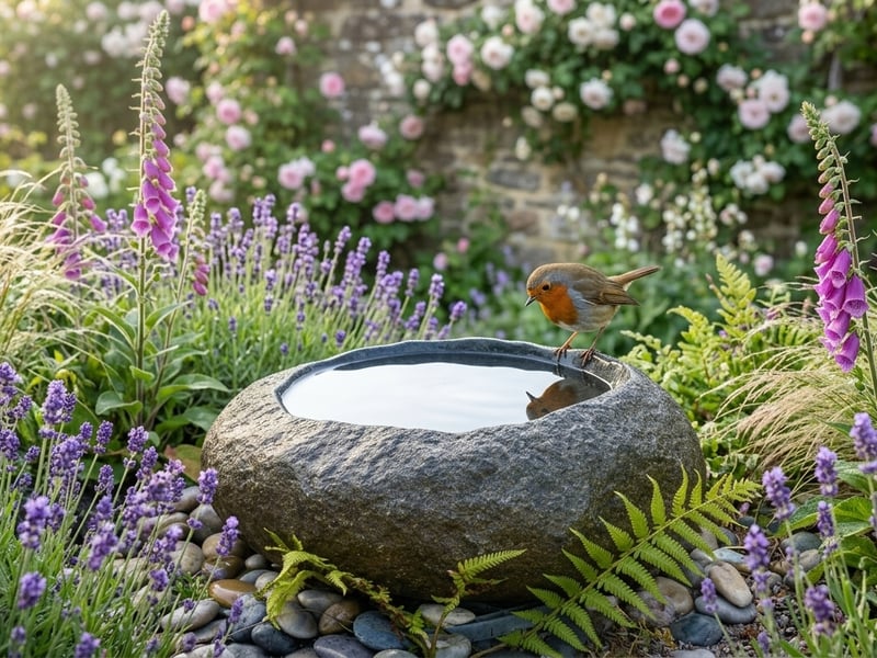 Natural Basin Stone Bird Bath in a UK wildlife garden with lavender foxgloves and ferns around the base and a robin perched on the rim