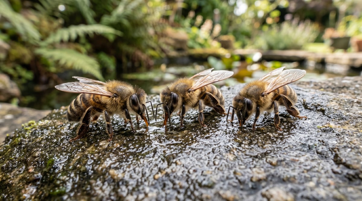 Three honeybees drinking from the thin film of water on the wet rough stone surface of a UK garden water feature