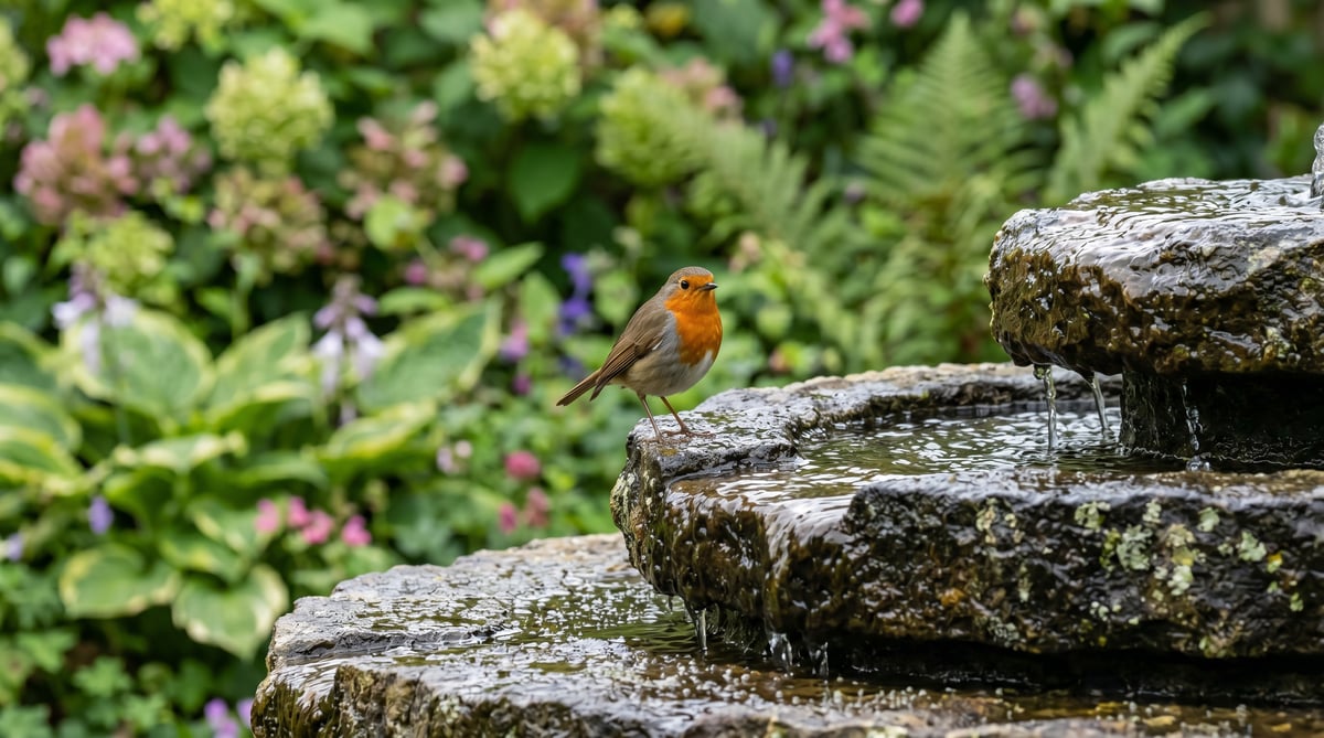 UK robin perched on the wet stone rim of a cascading water feature, demonstrating the ideal landing-stone height for bathing birds