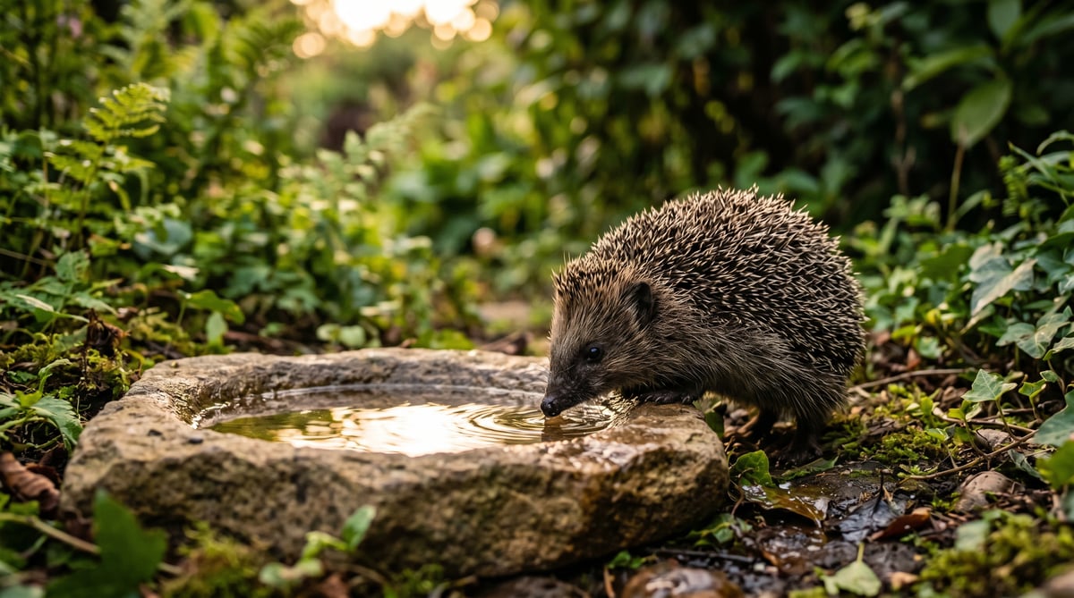 Wild European hedgehog drinking from a shallow stone water dish at ground level in a UK back garden at dusk