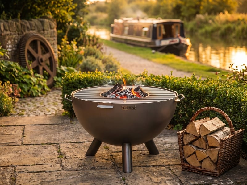 Cook King Kongo deep fire bowl with grill plate burning kiln-dried logs beside a canal towpath with a narrowboat behind