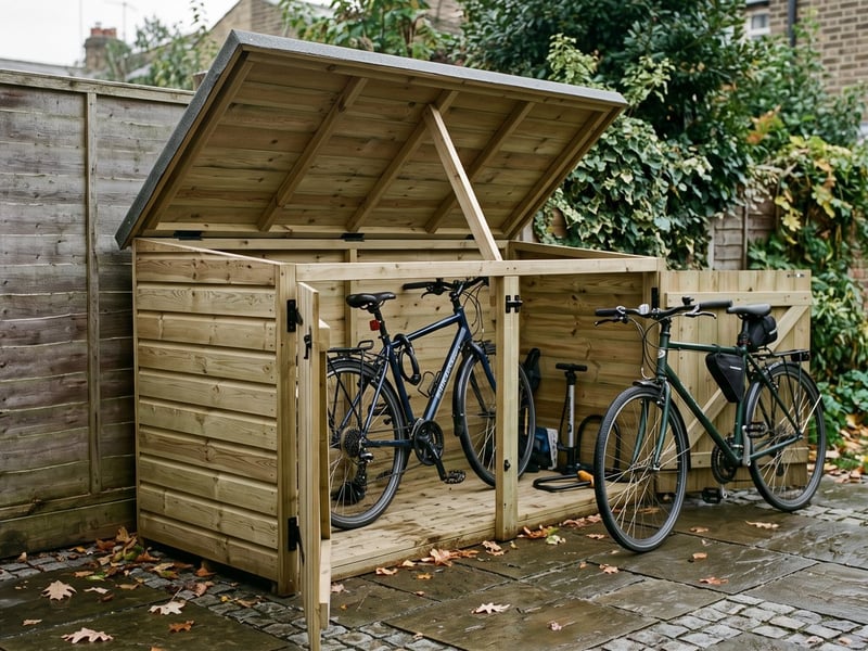 Timber bike store in a UK back garden with the lid open and two bicycles inside