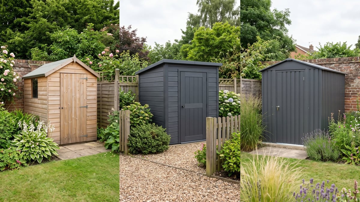 Wooden, plastic and metal garden sheds shown side by side in British gardens