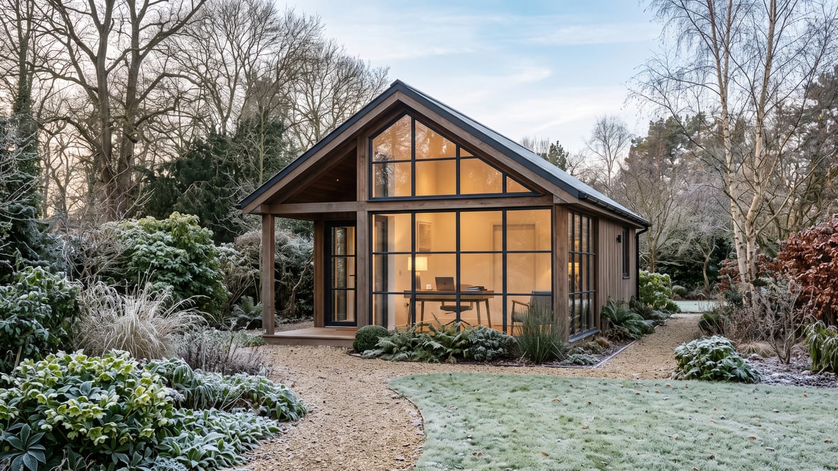 A spacious insulated summerhouse office in a mature British garden during winter