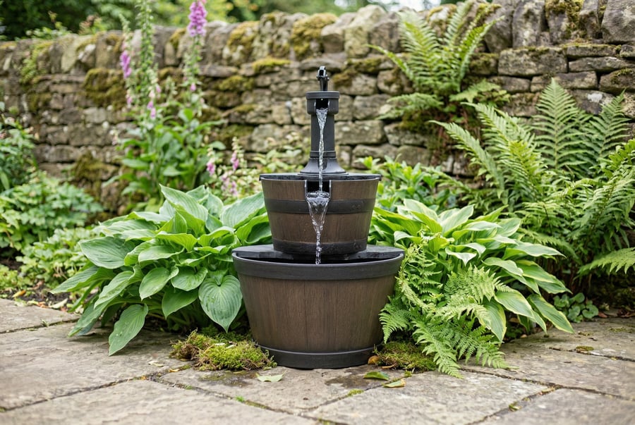 Aged bowls cascading water feature in a UK garden border with bumblebee landing on the lower bowl rim