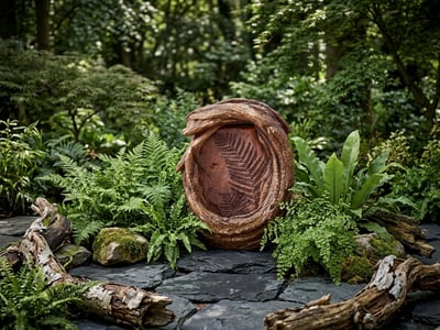 Ancient Fern small self-contained water feature with leaf detail in a shaded courtyard