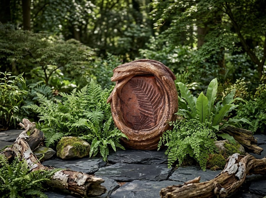Ancient Fern self-contained water feature with starling drinking from lower basin in a UK wildlife garden