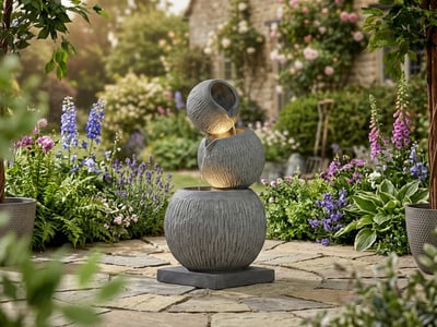 Ballanced Falls cascading slate garden waterfall with LED lighting at dusk