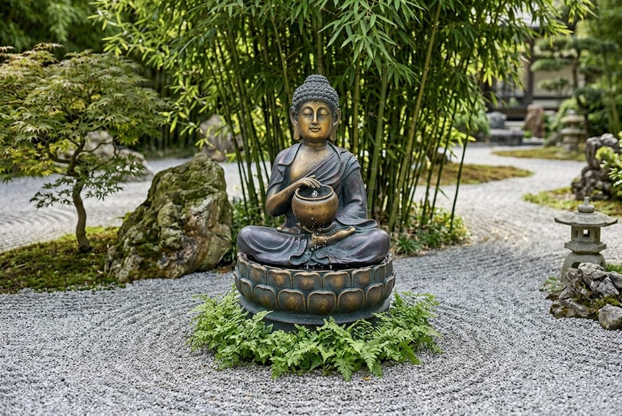 Calming Buddha solar water feature with lithium battery backup tested in a Lancashire UK garden