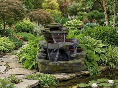 Como Falls slate cascade garden waterfall in a planted UK border