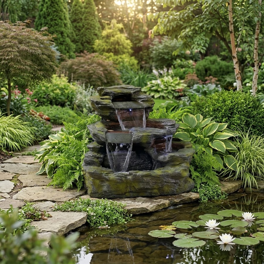 Como Falls self-contained water feature, a multi-tier cascading falls design in a UK patio garden