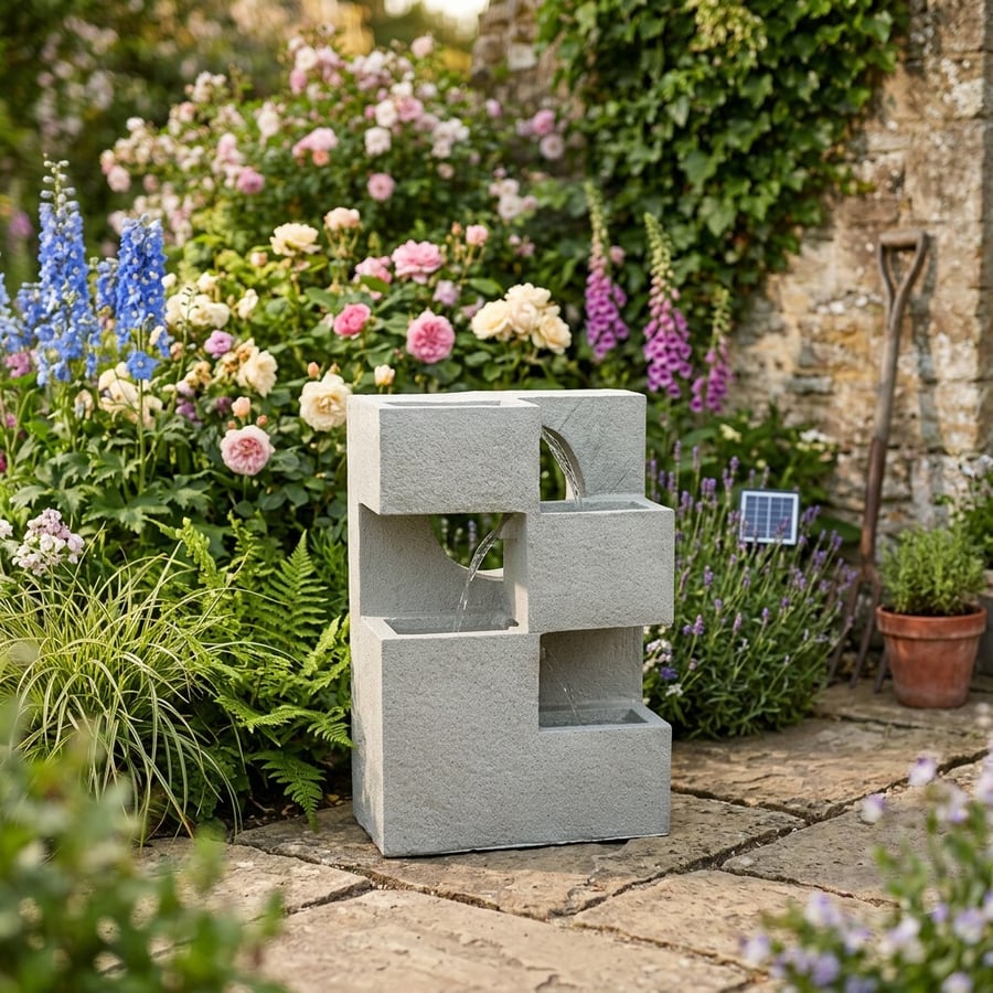 Cubed Solar Water Feature contemporary square cube in a UK modern garden lifestyle
