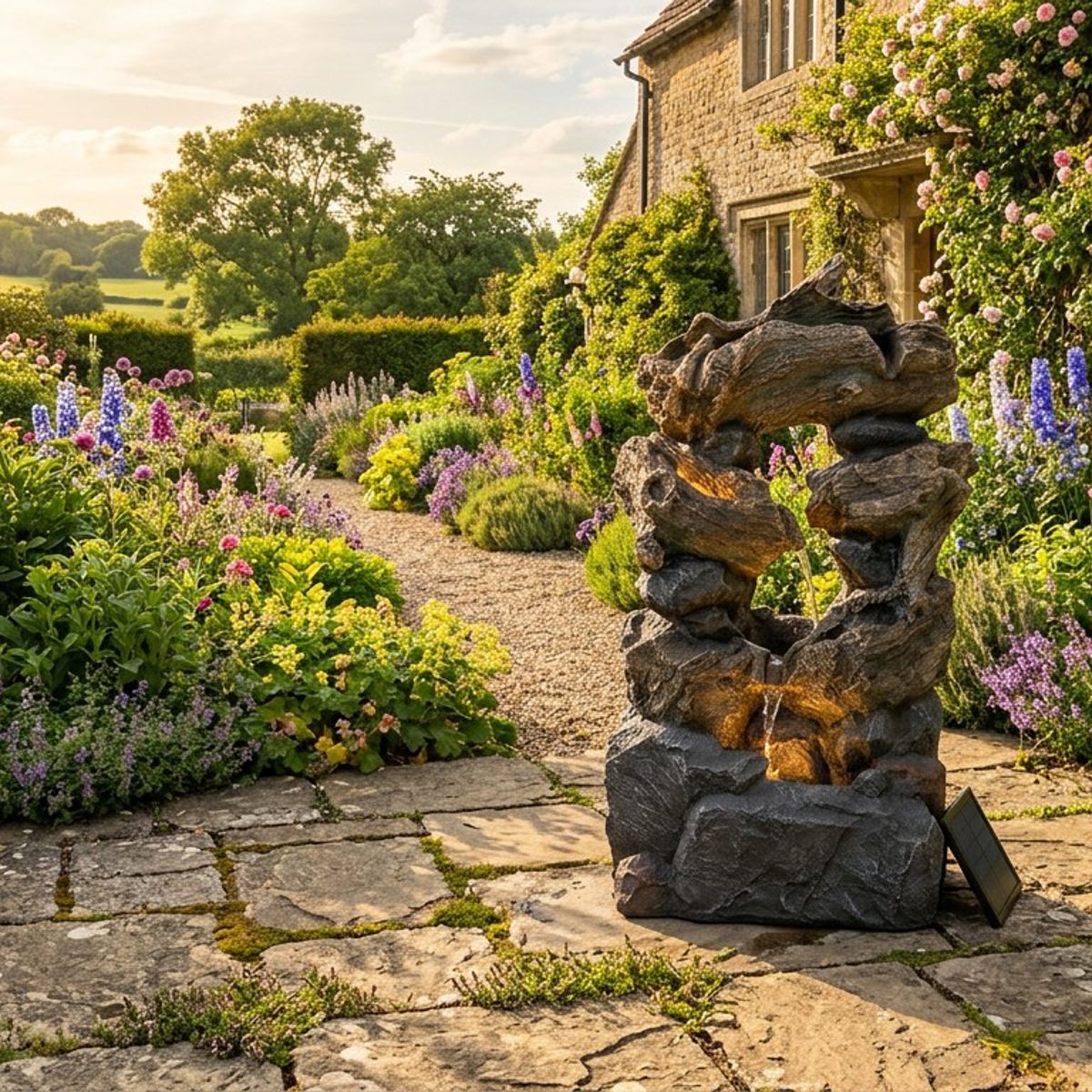 Forest Springs Solar Water Feature with cascading tiers in a patio garden