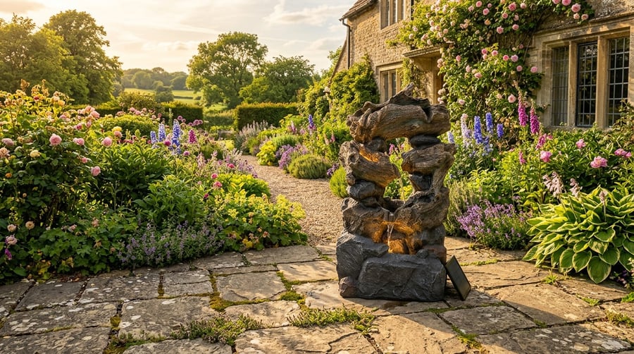Forest Springs solar water feature three-tier cascade with wood bark finish on a UK garden patio