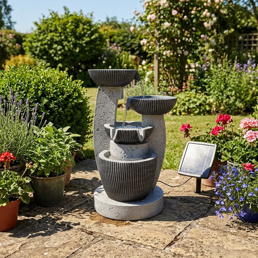 Grecian Bowls solar water feature classical three-tier cascade in a UK formal garden