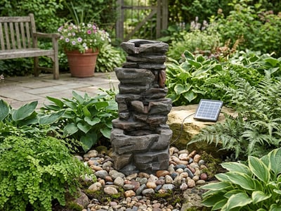 Haverhill Falls solar cascading garden water feature with tumbling pots in a small garden