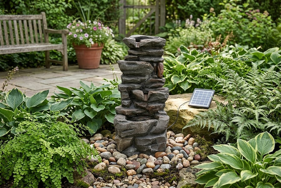 Haverhill Falls Solar Water Feature, a 77cm tall solar-powered cascade feature in a UK garden with no electricity cost