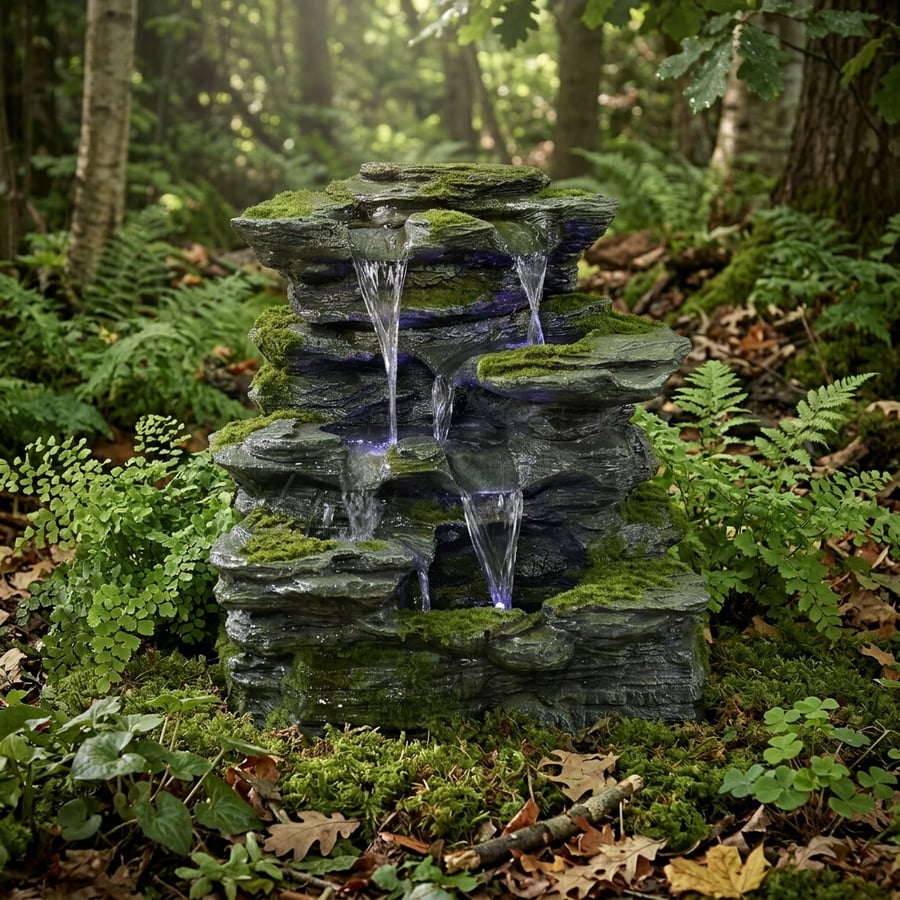 Mossy Crags self-contained water feature, a slate cascade design in a woodland UK garden setting