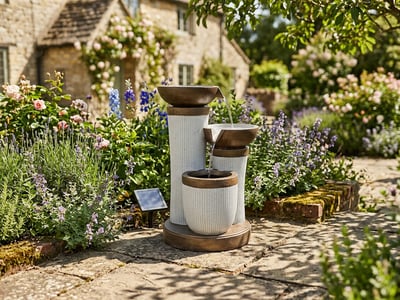 Tres Bowls solar tiered cascade garden water feature on a sunny patio