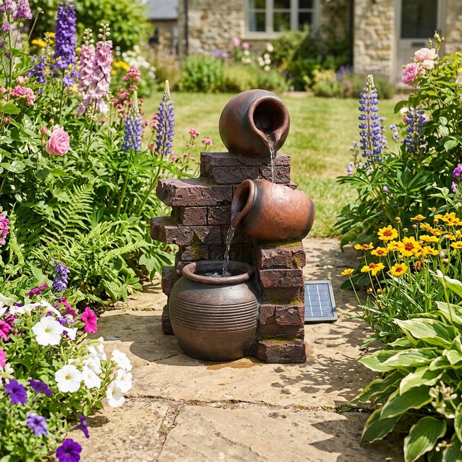 Tumbling Pots solar water feature with terracotta pots in a UK cottage garden