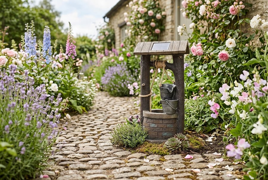 Wishing Well solar water feature with bucket and rope in a UK cottage garden