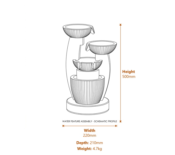 Grecian Bowls Solar Water Feature Dimensions Diagram
