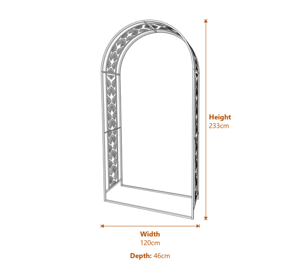 Streamline Moderne Metal Garden Arch in Sage Green Dimensions Diagram