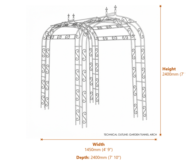 Parisienne Metal Garden Tunnel in Lead Grey Dimensions Diagram