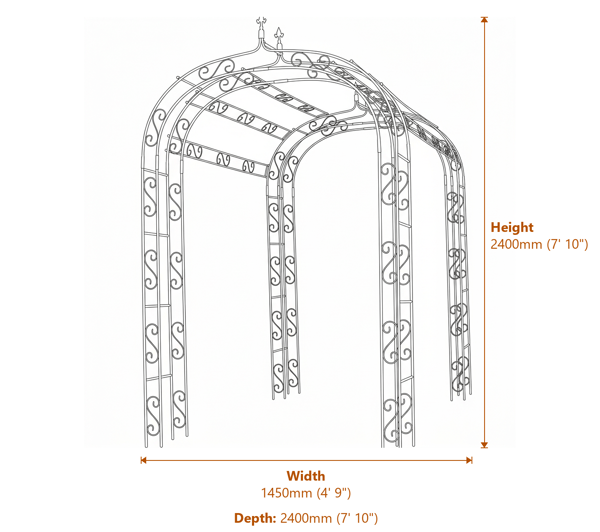 Parisienne Metal Garden Tunnel in Rusted Iron Dimensions Diagram