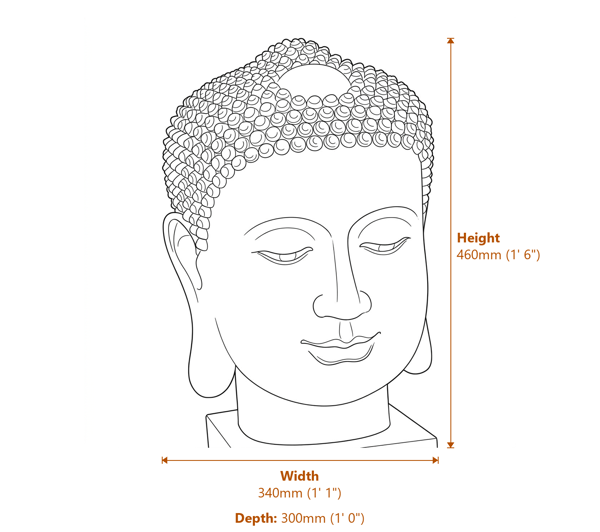 Large Buddha Head Garden Statue in White Dimensions Diagram