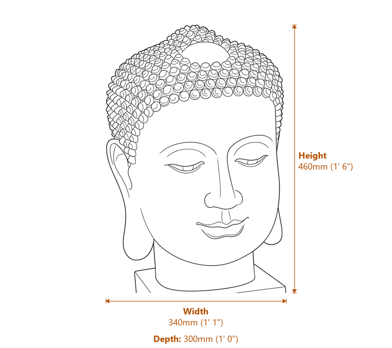 Large Buddha Head Garden Statue in White Dimensions Diagram