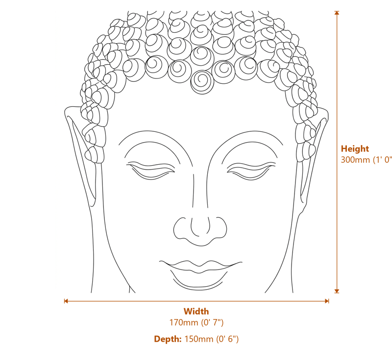 Medium Thai Buddha Head Garden Statue in Grey Dimensions Diagram