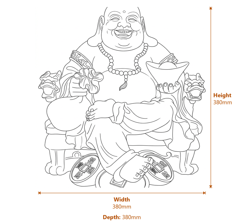 Wealthy Sitting Buddha Garden Statue in Grey Dimensions Diagram