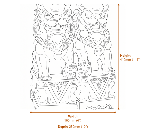 Pair of Foo Dog Garden Statues in Grey Dimensions Diagram