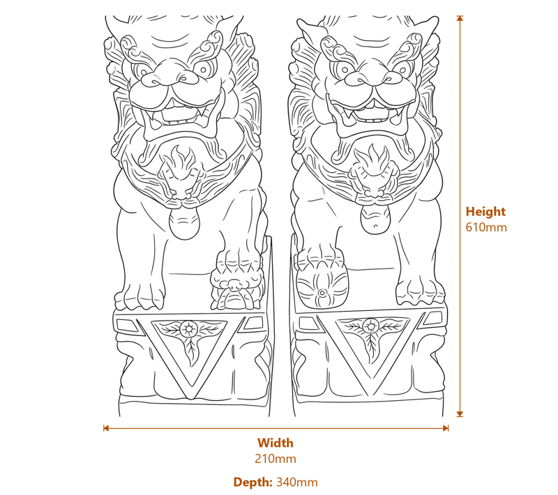 Pair of Large Foo Dog Garden Statues in White Dimensions Diagram