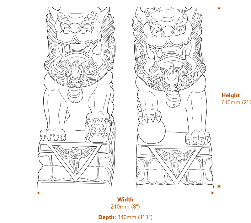 Pair of Large Foo Dog Garden Statues in Grey Dimensions Diagram