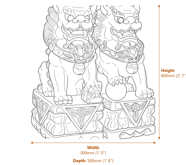 Pair of Extra Large Foo Dog Garden Statues in Grey Dimensions Diagram