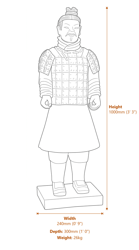 Standing Warrior Garden Statue in White Dimensions Diagram