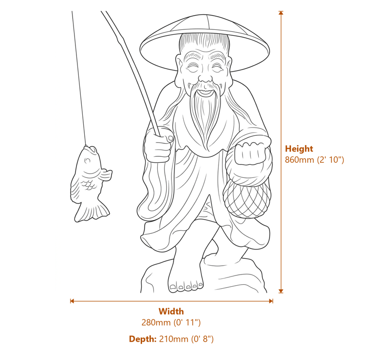Standing Fisherman Garden Statue in White Dimensions Diagram